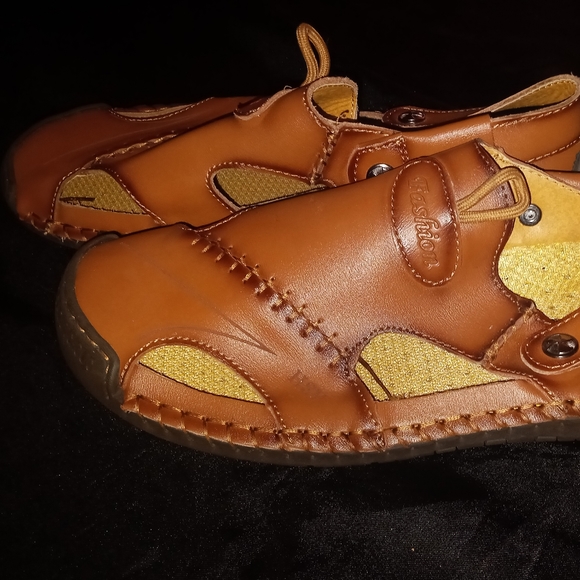 HSY Fashion Mens Brown Genuine Leather Sandals Sling Back or Slip On - Picture 3 of 4